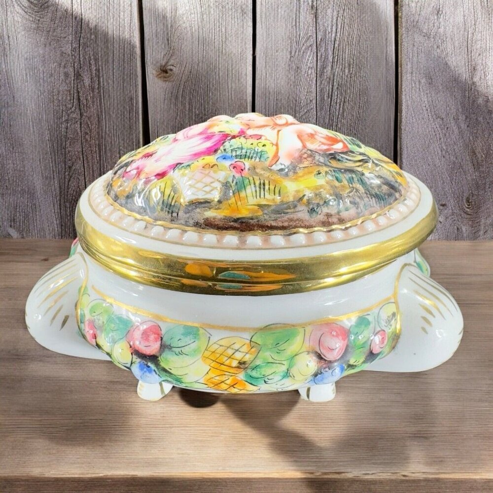 Vintage Capodimonte Italian Pottery Covered Dish Covered Bowl Dish Painted Italy